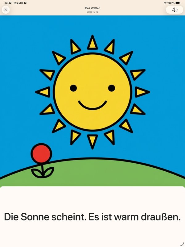 Buchseite der Stufe Verstehen: Ein Kind bekommt ein Geschenk und ist fröhlich