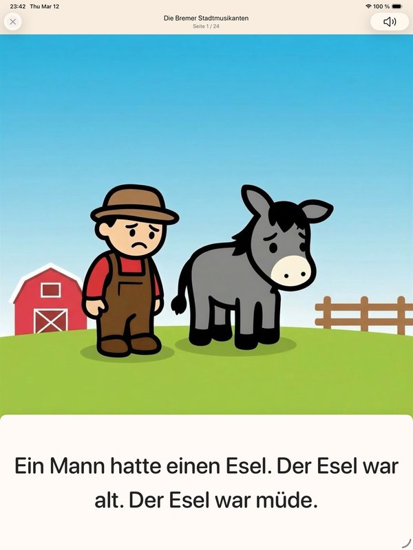 Buchseite der Stufe Geschichten: Die Bremer Stadtmusikanten stehen übereinander