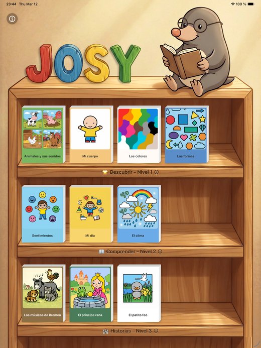 Josy app estantería con tres niveles de dificultad